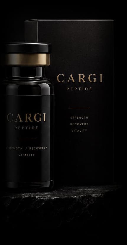 A black glass peptide vial beside its box on a piece of dark stone