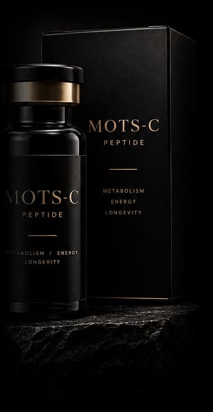 A black glass MOTS-c vial and its box on a piece of dark stone