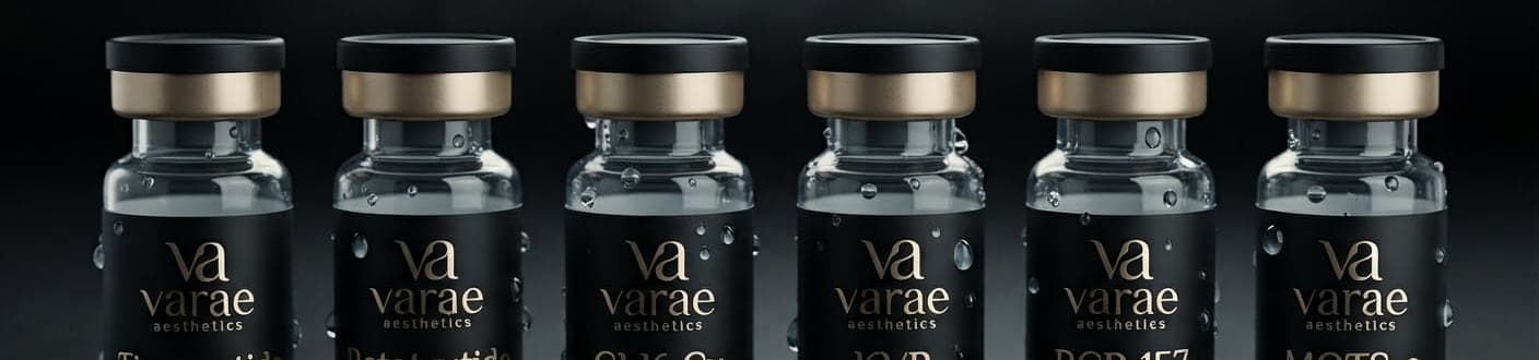 A row of Varae vials seen close, gold caps catching the light