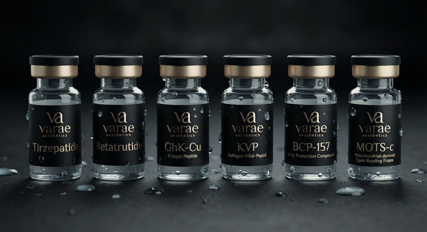Six Varae peptide vials with champagne gold caps and condensation on a dark reflective surface